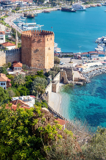 Close up photo of Red Tower which locally known as Kzl Kule in Alanya, Antalya, Turkey. - Foto, immagini