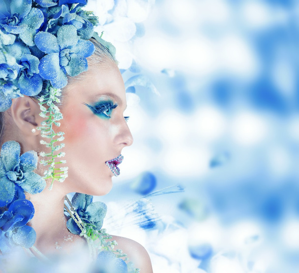 Woman with blue sparkling makeup - Photo, Image