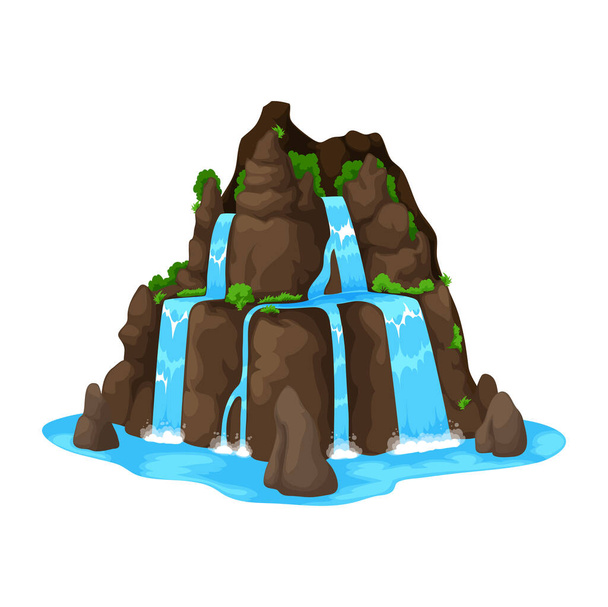 Cartoon waterfall or water cascade. Vector mountain river stream falling from stone hill of rock cliff into blue lake with splashes and fog. Isolated nature landscape, waterfall, brown mountain rocks - Vettoriali, immagini