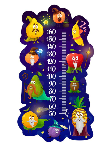 Детский график роста, мультяшные фруктовые маги и волшебники, линейка векторных измерителей роста. Диаграмма роста или шкала для детей, символы фруктов банан, яблоко, апельсин и ананас с волшебными палочками в плащах - Вектор,изображение