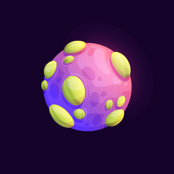 Galaxy space planet with volcano, mountain craters. Fantasy galaxy planet or fantastic alien world. Game user interface cartoon vector icon, violet moon satellite with yellow outgrowth - Vektor, kép