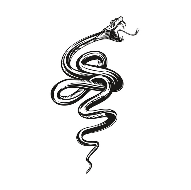 Snake tattoo, angry black viper or serpent, vector rock or biker club mascot. Angry snake bite with fangs, viper or anaconda serpent in angry attack for tattoo - Vector, Image