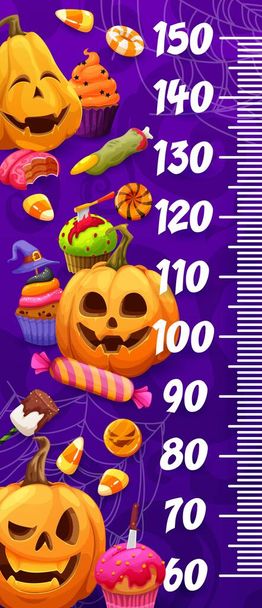 Kids height chart ruler with Halloween cartoon holiday pumpkins, sweets and candies. Vector ruler of growth measure meter, trick or treat food stadiometer, scale sticker with cakes, candy corn, cookie - Vektori, kuva