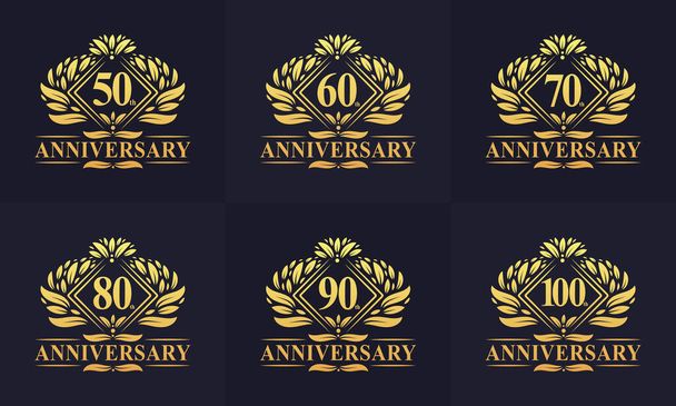 Vintage Retro Anniversary logo set. Luxurious golden anniversary logo bundle. 50th, 60th, 70th, 80th, 90th, 100th happy anniversary logo bundle. - Vektor, Bild