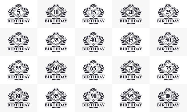 Happy birthday logo bundle. Retro vintage birthday logo set. 5th, 10th, 15th, 20th, 25th, 30th, 35th, 40th, 45th, 50th, 55th, 60th, 65th, 70th, 75th, 80th, 85th, 90th, 95th, 100th birthday celebration logo bundle. - Vektor, Bild