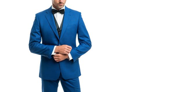 cropped man in blue suit and bow tie. businessman isolated on white backdrop with copy space. boss in formal wear. - 写真・画像
