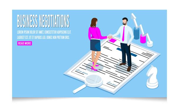 3D isometric Successful business negotiations, pay raise discussion agreement concept with people worker handshake and deal business over a contract document. Vector illustration eps10 - Vector, afbeelding
