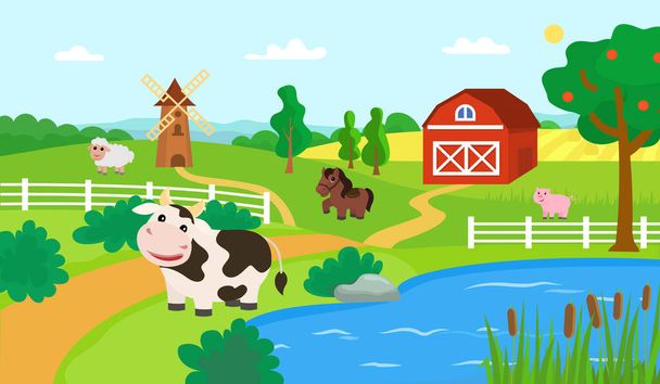 Ζώα φάρμας. Καλλιέργεια με αγελάδα, άλογο, πρόβατα και χοίρο. Λίμνη και τοπίο. Εικονογράφηση διανύσματος - Διάνυσμα, εικόνα