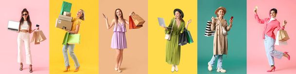 Set of women with bags, laptops and parcels on color background. Online shopping - Fotoğraf, Görsel