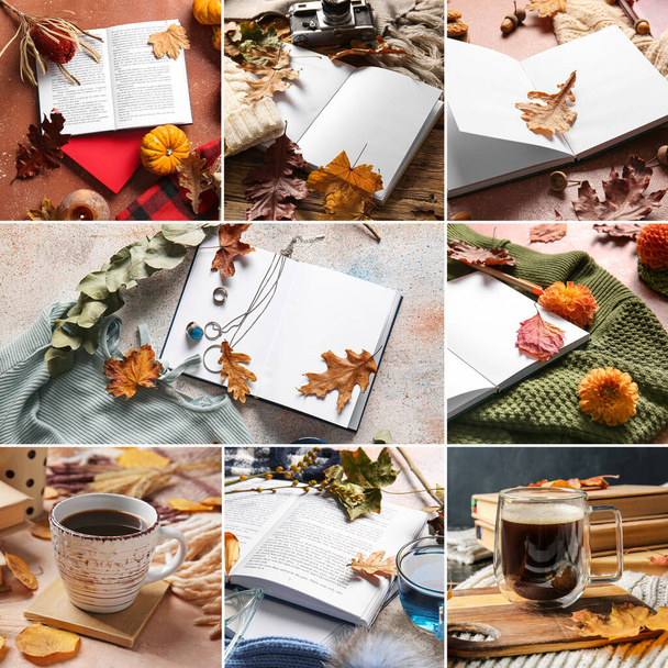 Autumn collage of  books with decor and cups of hot drinks - 写真・画像