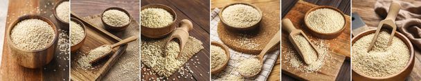 Collage of white sesame seeds on table - Photo, image