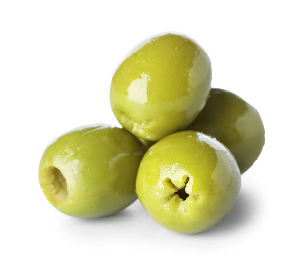 Heap of green olives isolated on white background - Photo, Image