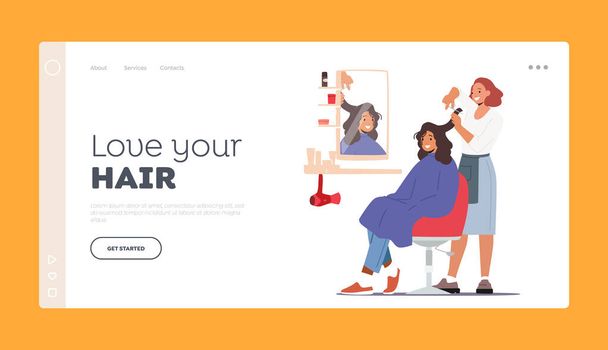 Love your Hair Landing Page Template. Young Woman Visiting Beauty Salon. Hairdresser Master doing Haircut for Girl Cutting Hair with Scissors front of the Mirror, Hair Treatment. Vector Illustration - Vector, afbeelding