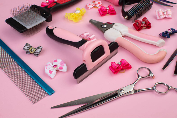 Tool for the groomer on a pink background. Dog grooming accessories. Combs and brushes for animals. View from above - Zdjęcie, obraz