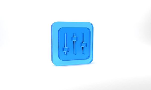Blue Sound mixer controller icon isolated on grey background. Dj equipment slider buttons. Mixing console. Glass square button. 3d illustration 3D render. - Foto, imagen