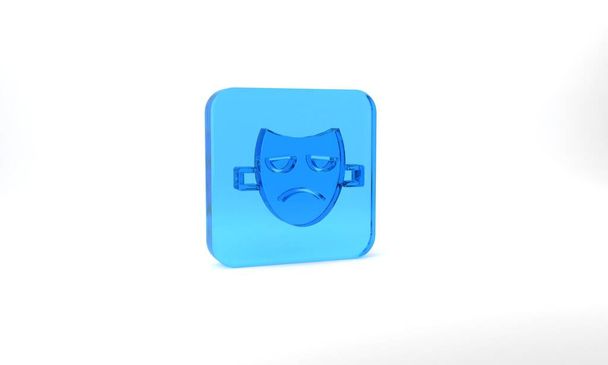 Blue Drama theatrical mask icon isolated on grey background. Glass square button. 3d illustration 3D render. - Zdjęcie, obraz