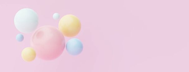3d render de bola pastel, jabones burbujas, manchas que flotan en el aire aislado sobre fondo pastel. Escena abstracta. - Foto, Imagen