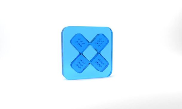 Blue Crossed bandage plaster icon isolated on grey background. Medical plaster, adhesive bandage, flexible fabric bandage. Glass square button. 3d illustration 3D render. - Fotoğraf, Görsel
