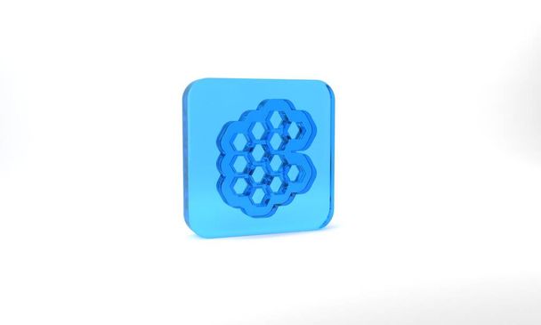 Blue Honeycomb icon isolated on grey background. Honey cells symbol. Sweet natural food. Glass square button. 3d illustration 3D render. - Zdjęcie, obraz