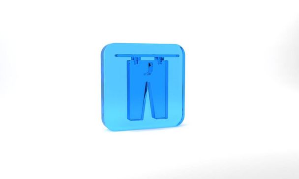 Blue Drying clothes icon isolated on grey background. Clean pants. Wash clothes on a rope with clothespins. Clothing care and tidiness. Glass square button. 3d illustration 3D render. - Foto, immagini
