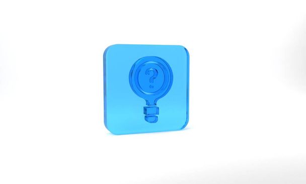Blue Unknown search icon isolated on grey background. Magnifying glass and question mark. Glass square button. 3d illustration 3D render. - 写真・画像