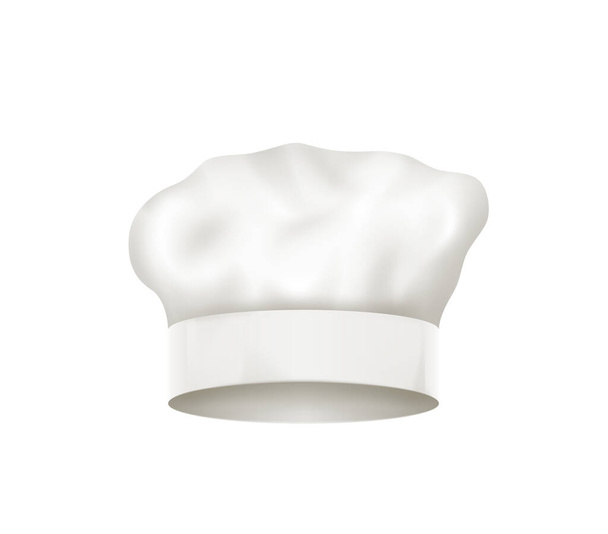Realistic detailed chef white hat isolated, web design style element uniform for kitchen restaurant. Chief cap wear, restaurant cook and culinary uniform or headwear item. Vector illustration - Vector, imagen