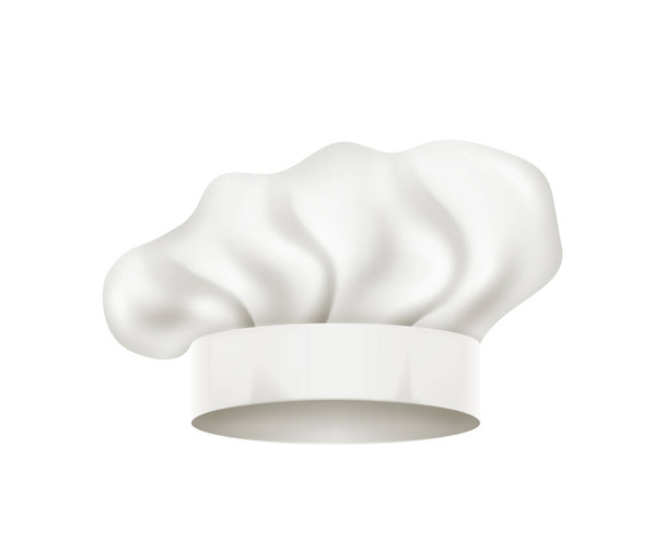Chef hat, white toque front view isolated mockup. Chief cap working uniform of restaurant staff, cook clothing. Professional garment for head, pleated toque mockup design element. Vector illustration - Vecteur, image