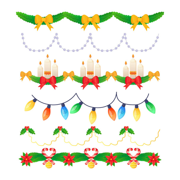 Christmas ornate garland set. Fir branch with christmas balls, bows, candles, electric lights. - Vector, imagen