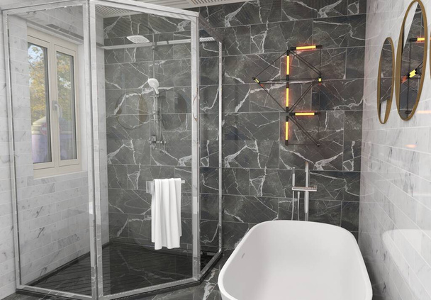 A beautiful modern bathroom interior with marble tiles - Fotoğraf, Görsel
