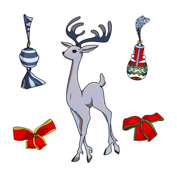 A set of a Christmas deer, Christmas tree decorations, dissatisfied bows. New Year set as a blank for a designer, logo, icon - Fotó, kép