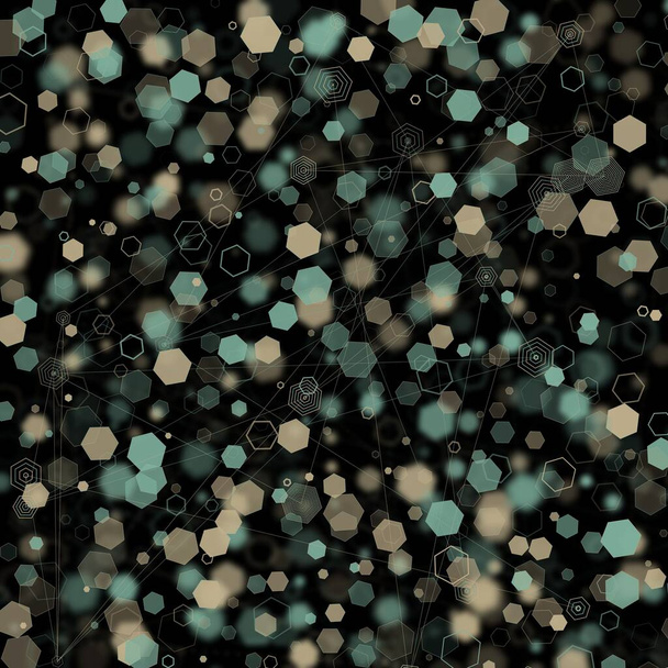 Illustration of an abstract light dots and blurred Hexagon backdrop like bokeh spot Hex shapes particles with connecting lines on black background - Foto, immagini