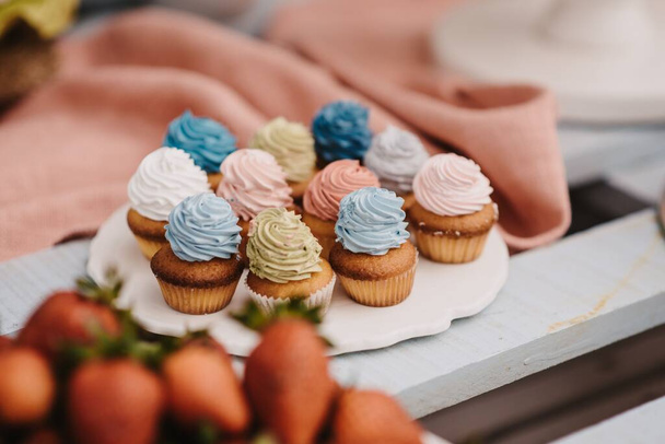 A closeup of cupcakes with colorful cream on top placed on a plate - Photo, image