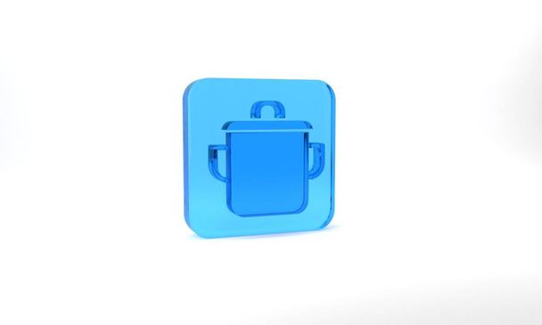 Blue Cooking pot icon isolated on grey background. Boil or stew food symbol. Glass square button. 3d illustration 3D render. - Fotoğraf, Görsel