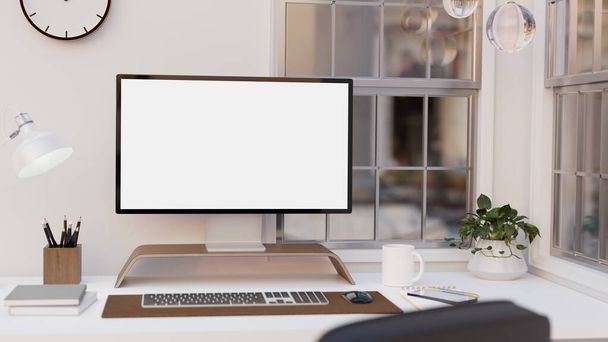 Γκρο πλαν εικόνα, γραφείο με σύγχρονο κενό υπολογιστή PC desktop mockup, πληκτρολόγιο, ποντίκι, φλιτζάνι καφέ, και αξεσουάρ σε λευκό τραπέζι ενάντια στο παράθυρο. 3d απόδοση, 3d εικόνα - Φωτογραφία, εικόνα