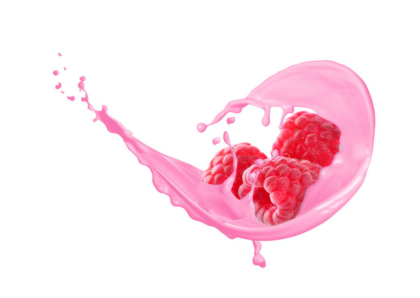 Splash of tasty raspberry yogurt and fresh berries on white background - Fotoğraf, Görsel