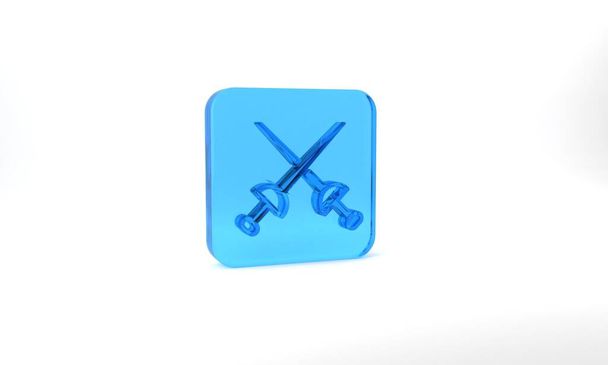 Blue Fencing icon isolated on grey background. Sport equipment. Glass square button. 3d illustration 3D render. - Fotografie, Obrázek