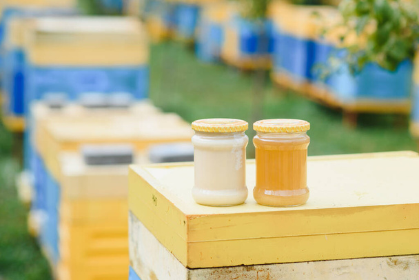 jar of fresh honey in a glass jar. Beekeeping concept. Top view. Copy space - Foto, Imagem
