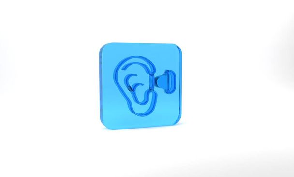 Синие наушники и значок уха на сером фоне. Знак затычка для ушей. Символ шума. Концепция качества сна. Стеклянная кнопка. 3D-рендеринг. - Фото, изображение