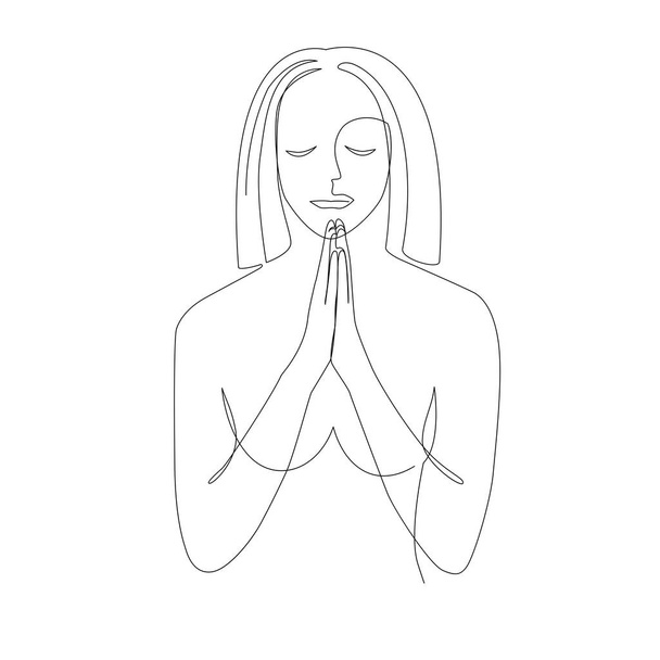 Praiyng woman. Continuous line drawing of prayer with broken heart, vector illustration. - Vector, imagen