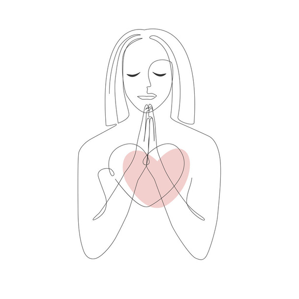 Praiyng woman. Continuous line drawing of prayer with broken heart, vector illustration - Vektör, Görsel