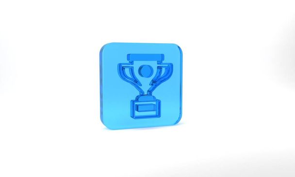 Blue Award cup icon isolated on grey background. Winner trophy symbol. Championship or competition trophy. Sports achievement sign. Glass square button. 3d illustration 3D render. - 写真・画像