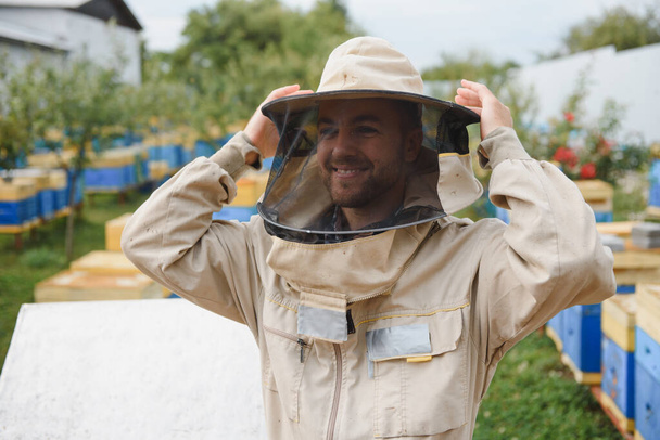 Beekeeping, beekeeper at work, bees in flight - Фото, зображення