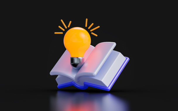 book sign with glowing lightbulb on dark background 3d render concept for learning research - Photo, image
