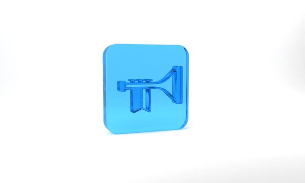 Blue Trumpet icon isolated on grey background. Musical instrument. Glass square button. 3d illustration 3D render. - Photo, image