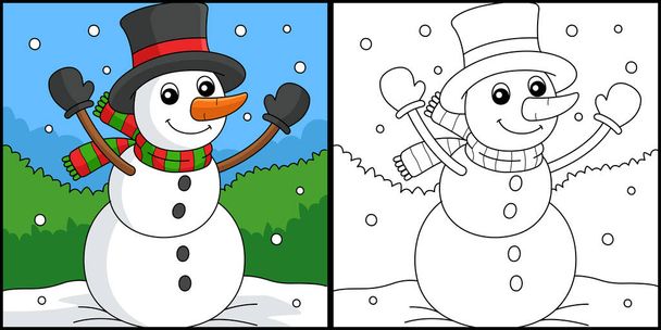 This coloring page shows a snowman. One side of this illustration is colored and serves as an inspiration for children. - Vector, imagen