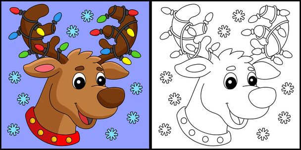 This coloring page shows a Christmas Reindeer Head. One side of this illustration is colored and serves as an inspiration for children. - Vector, imagen