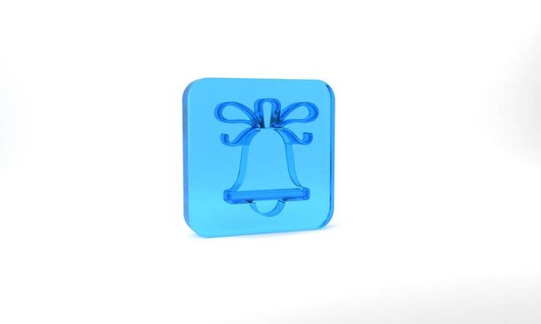 Blue Merry Christmas ringing bell icon isolated on grey background. Alarm symbol, service bell, handbell sign, notification. Glass square button. 3d illustration 3D render. - Photo, Image