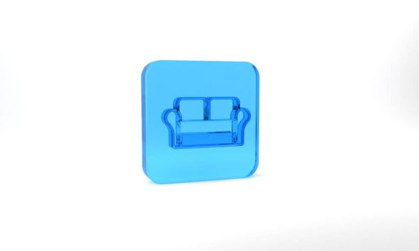 Blue Sofa icon isolated on grey background. Glass square button. 3d illustration 3D render. - Photo, Image