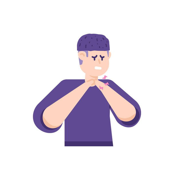 symptoms of sore throat, cough, neck pain, muscle stiffness, pinched nerves. a man holds his neck or throat because he feels pain. problems with the body. flat cartoon illustration. vector design - Vector, imagen