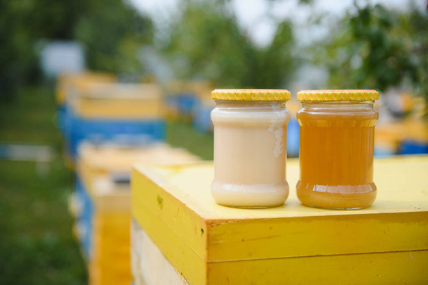 jar of fresh honey in a glass jar. Beekeeping concept. Top view. Copy space - 写真・画像
